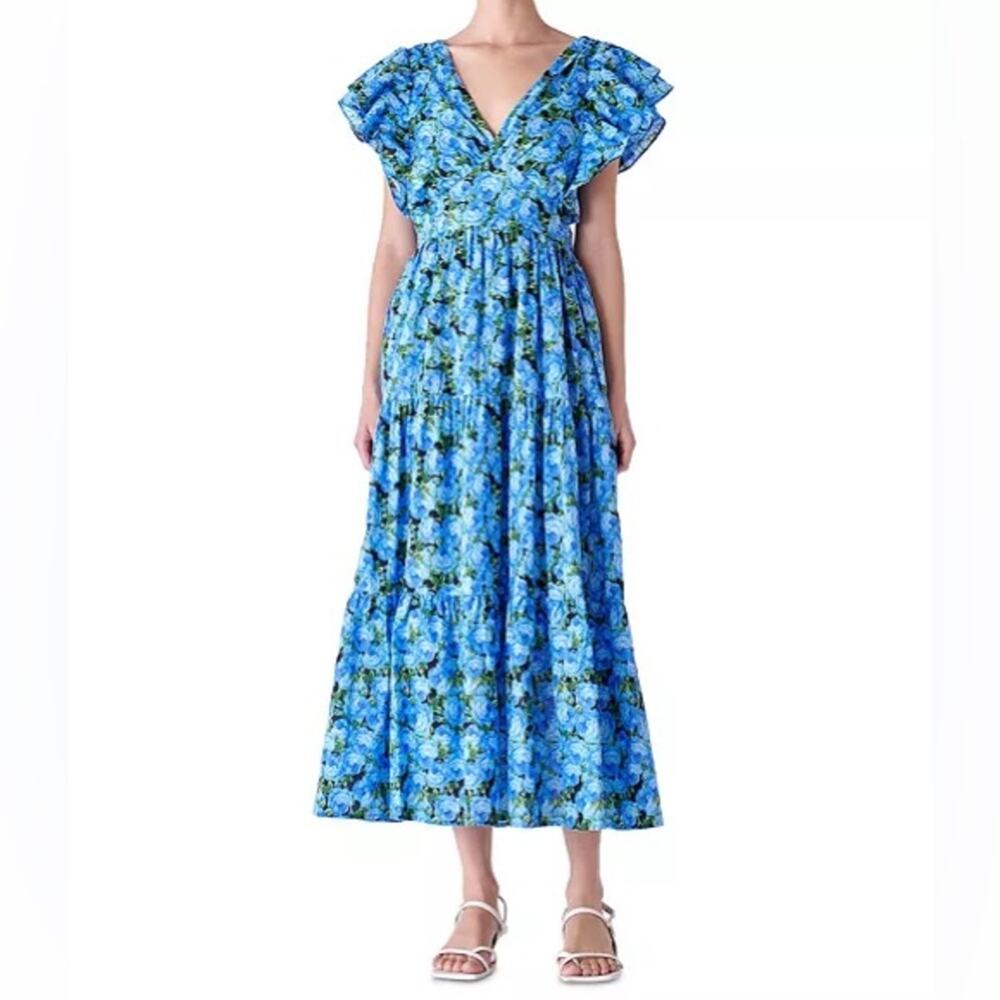 English Factory Women's Floral-Print Tiered Flutter-Sleeve Dress Blue Sz XS NWT